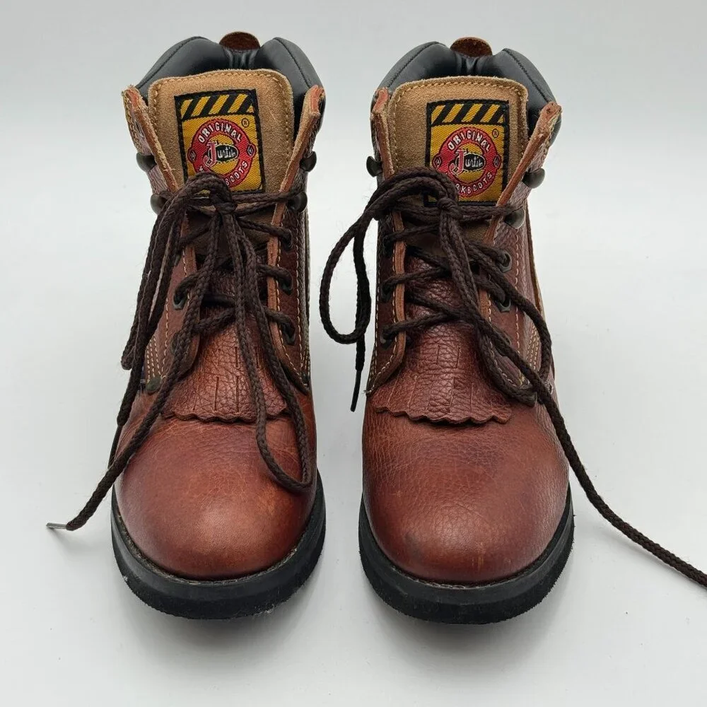 Vintage Justin Brown Leather Kiltie Lace-Up Boots Workwear Western Y2K Y4.5/W6.5